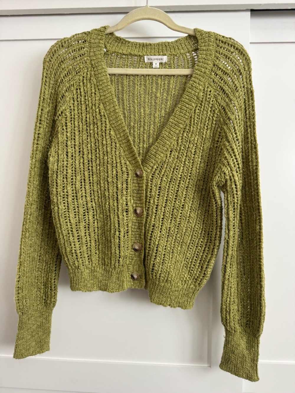 Blu Pepper Olive Open-Knit V-Neck Button Cardigan